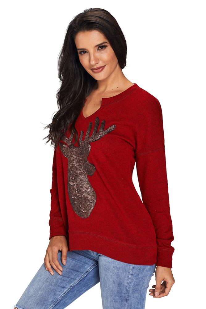 Wine Womens Sequin Christmas Reindeer Top