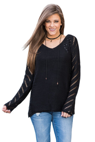 Black Open Knit Sleeve Cutout V Neck Sweater