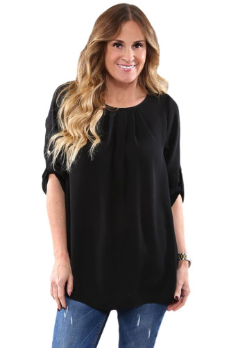 Black Ruched Detail Pin up Sleeve Front Blouse