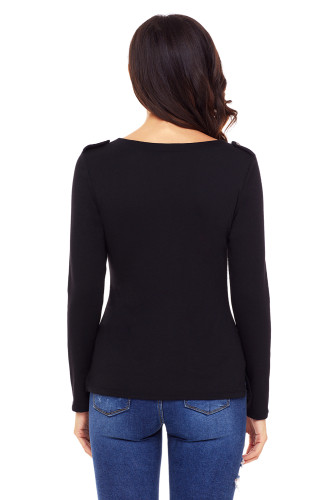 Black Button Long Sleeve Top with Pockets