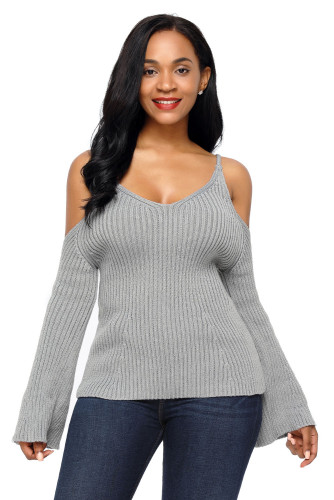 Gray Cold Shoulder Bell Sleeve Sweater