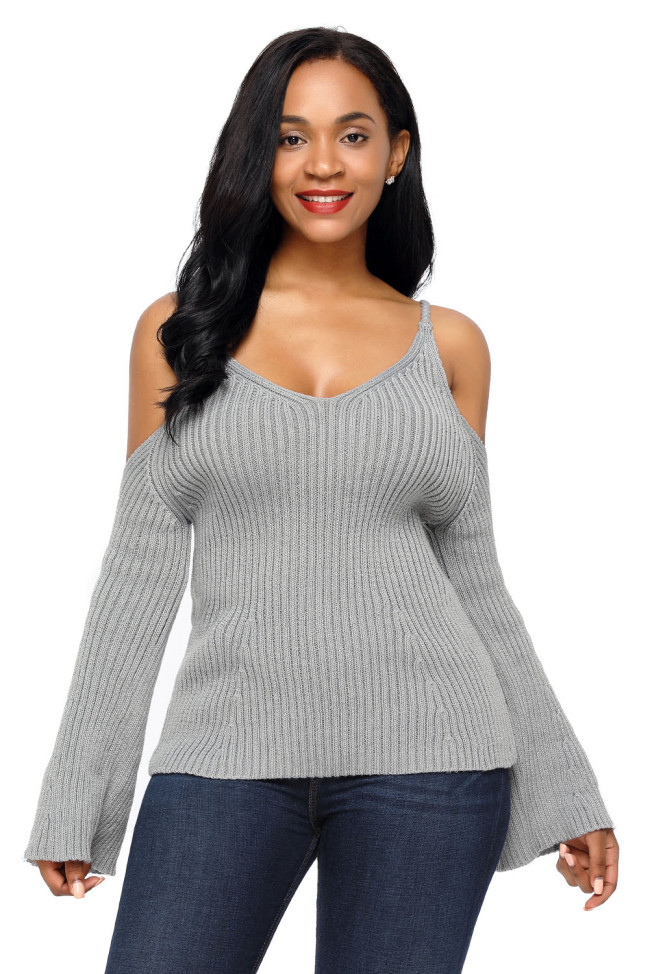 Gray Cold Shoulder Bell Sleeve Sweater