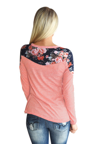 Floral Shoulder Patch Heathered Coral Top