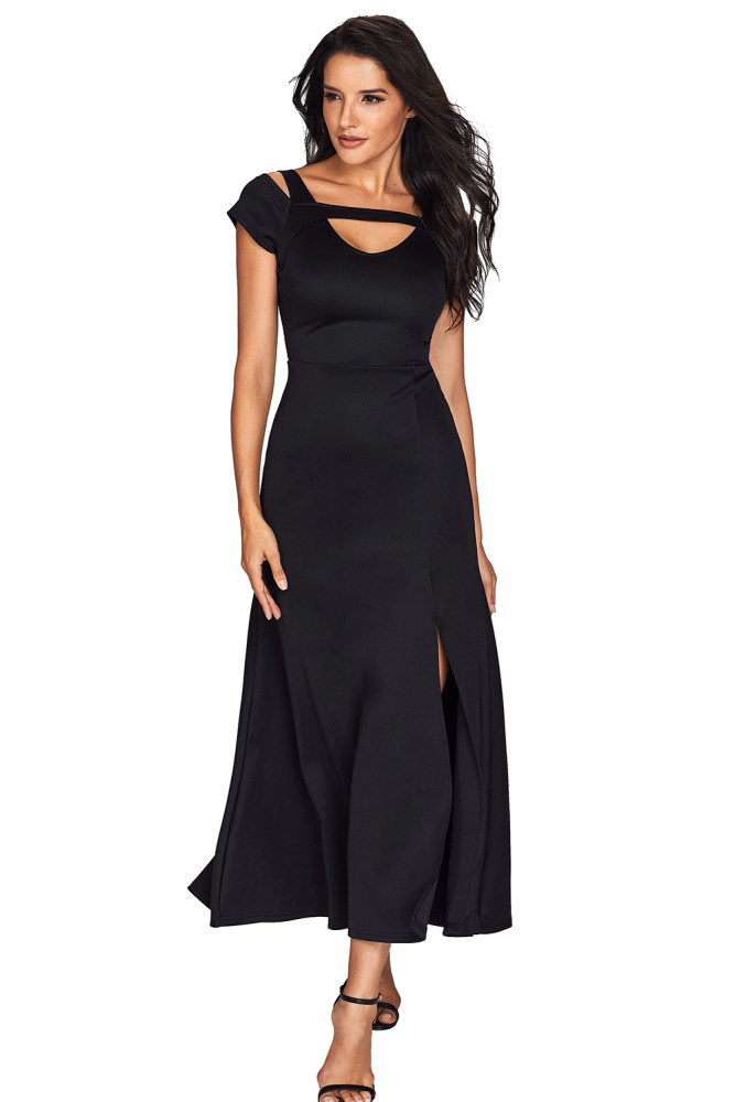 Black Cold Shoulder Front Slit Flare Maxi Dress