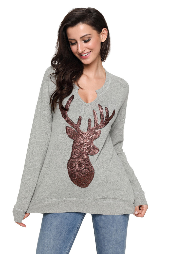 Gray Womens Sequin Christmas Reindeer Top