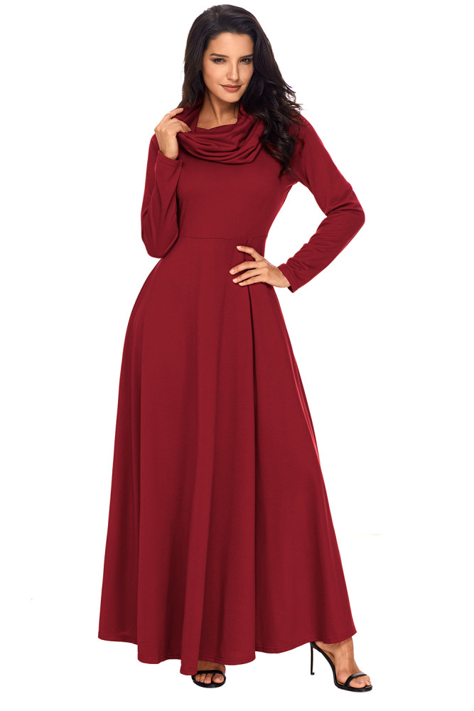 Wine Cow Neck Long Sleeve Maxi Dress