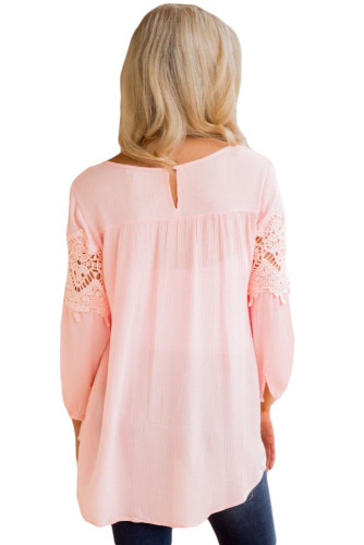 Pink Crochet Detail Long Sleeve Babydoll Top