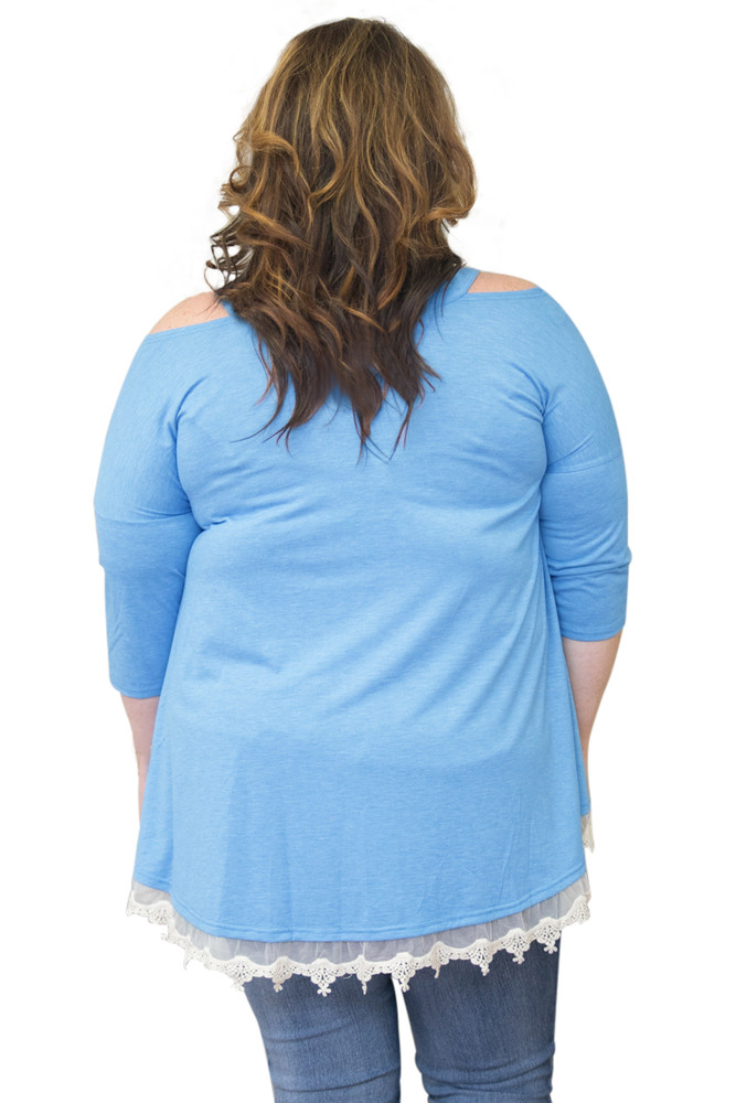 Light Blue Cold Shoulder Lacy Hem Plus Size Blouse