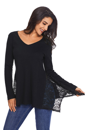 Graceful Lace Inset Side Black Womens Top