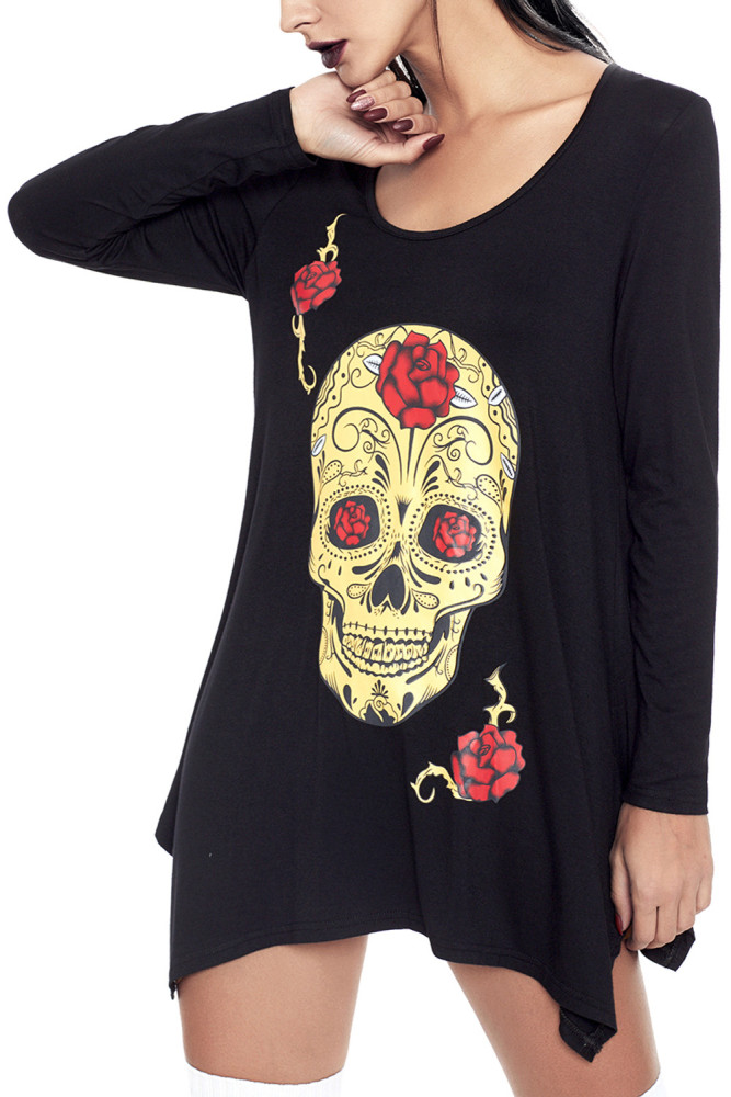 Black Handkerchief Hem Rose Skull Tunic Top