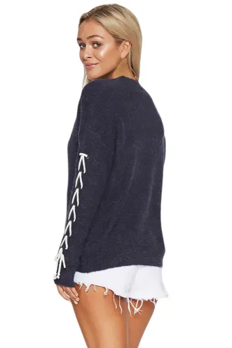 Navy Lace up Sleeve Sweater