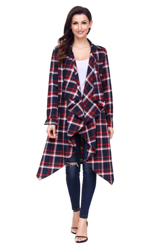 Red Hipster Plaid Draped Open Front Cardigan