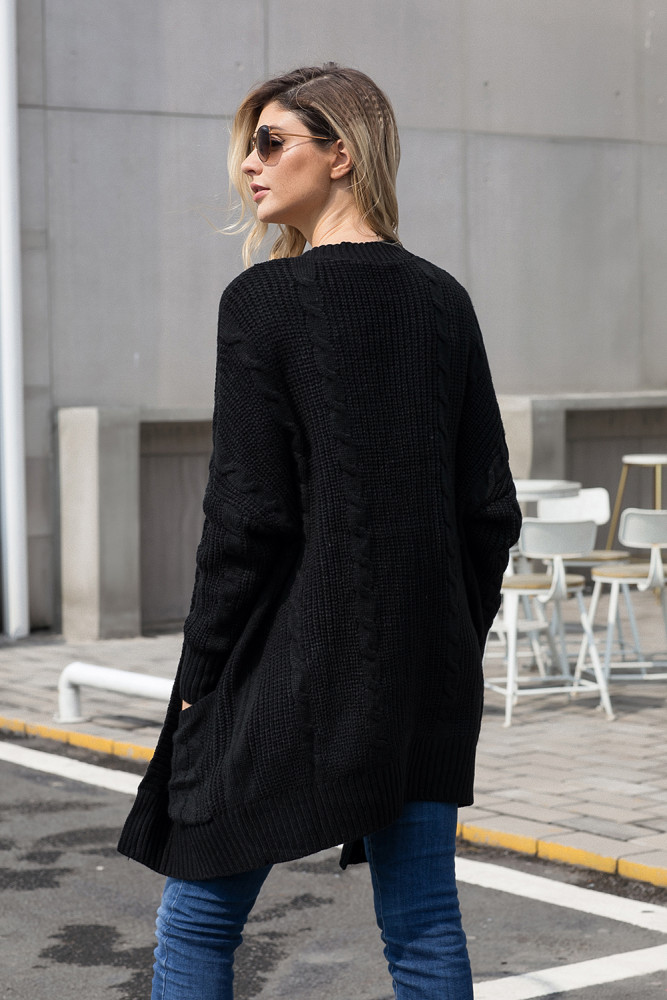 Black Knit Texture Long Cardigan