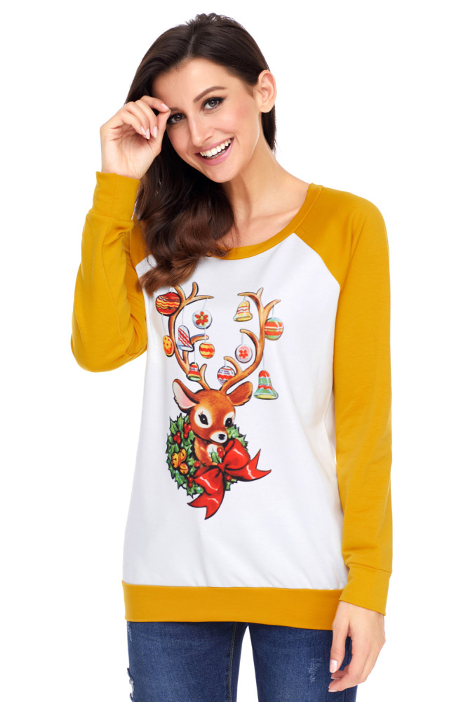 Christmas Reindeer Yellow Long Sleeve Shirt
