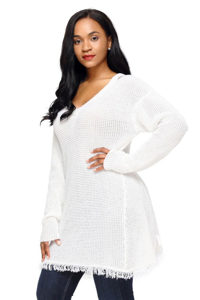 White V Neck Waffle Knit Sweater