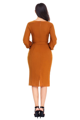 Mustard Puff Sleeve Belt Chiffon Pencil Dress