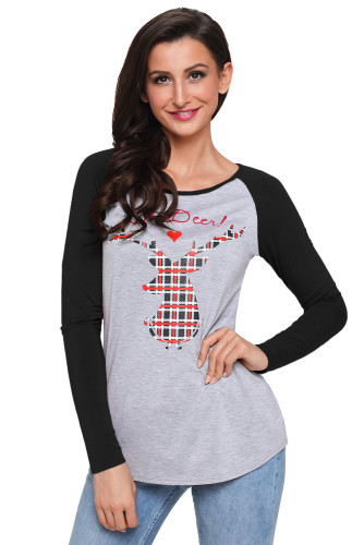 Oh Deer Plaid Christmas Reindeer Black Sleeve Blouse