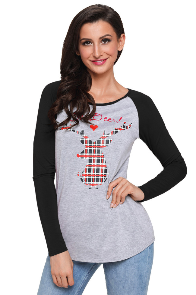 Oh Deer Plaid Christmas Reindeer Black Sleeve Blouse