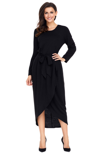Black Tulip Faux Wrap Sash Tie Jersey Dress