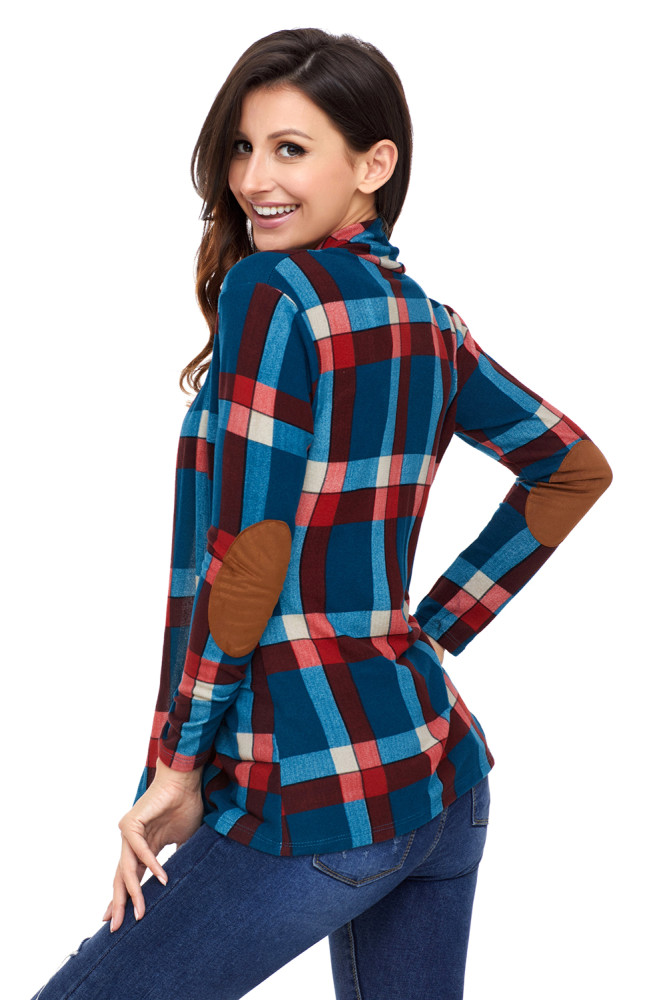 Green Suede Elbow Patch Long Sleeve Plaid Cardigan