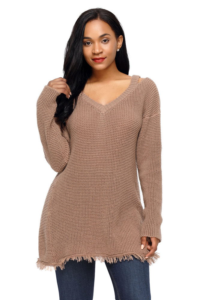 Khaki V Neck Waffle Knit Sweater