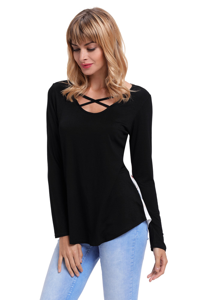 Black Crisscross Neck Floral Back Long Sleeve Top