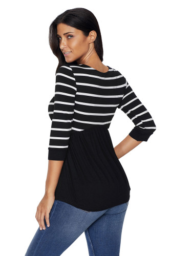 Striped Spliced Black Contrast 3/4 Sleeve Blouse
