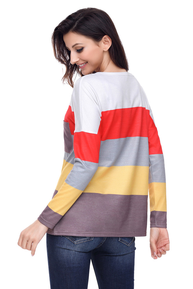 Red Yellow Colorblock Pocket Pullover Tunic Top