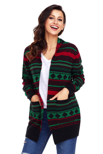 Black Red Green Geometric Knit Christmas Cardigan