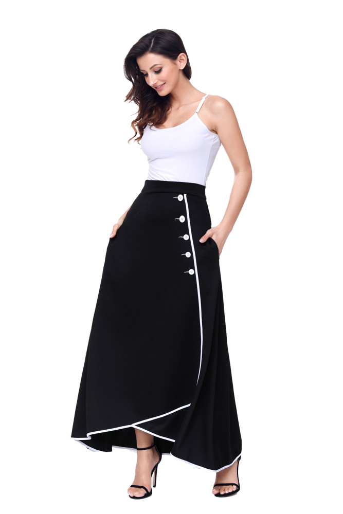 Black Piped Button Embellished High Waist Maxi Skirt