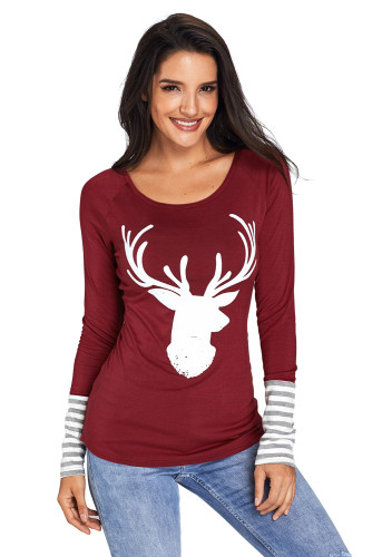Wine Christmas Reindeer Printed T-Shirt