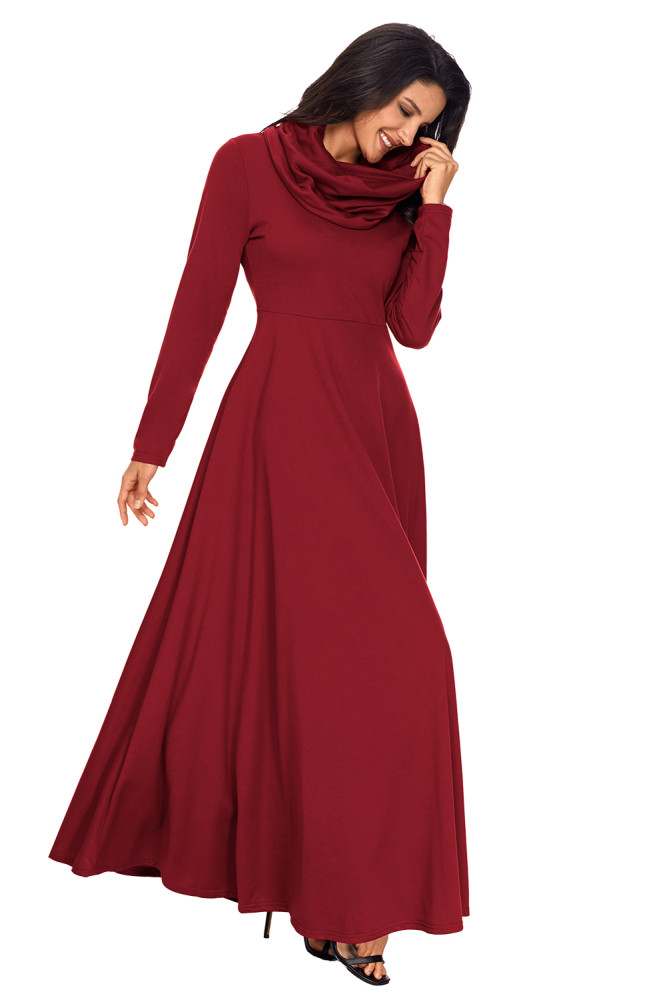 Wine Cow Neck Long Sleeve Maxi Dress