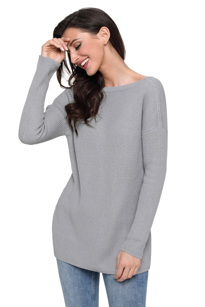 Gray Sexy V Neck Lace up Front Sweater