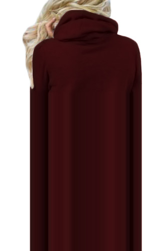 Burgundy Funnel Neck Long Sleeve Pocket Hoodie