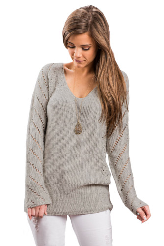 Oatmeal Open Knit Sleeve Cutout V Neck Sweater