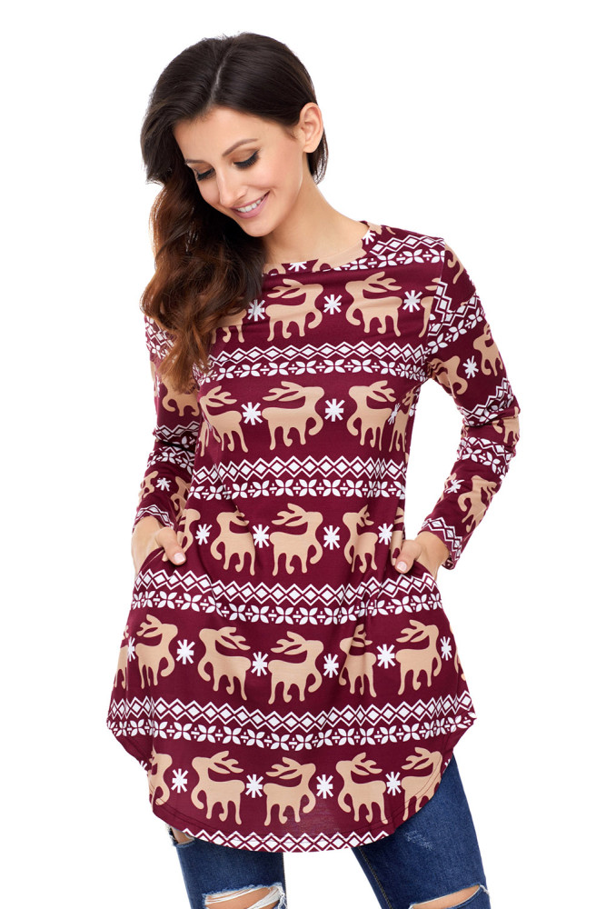 Burgundy Geometric Snowflake Christmas Reindeer Blouse