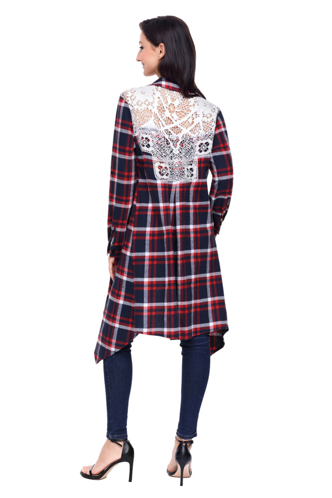 Red Hipster Plaid Draped Open Front Cardigan