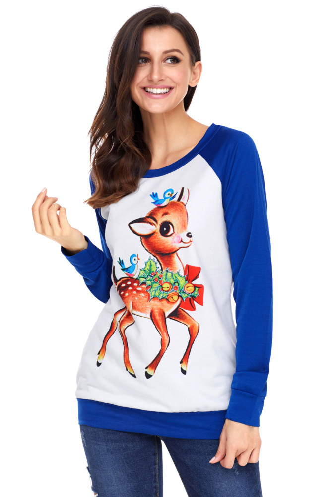 Reindeer and Birds Blue Long Sleeve Christmas Shirt