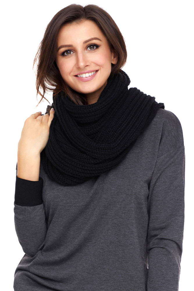 Black Pom Pom Ribbed Knit Scarf
