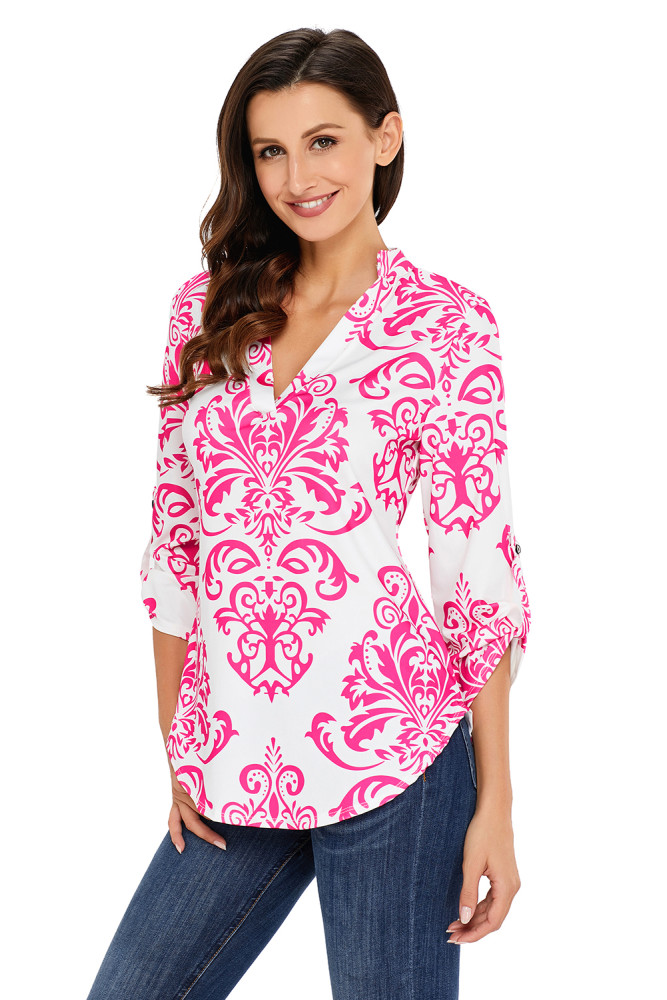 Rosy Damask Print Slight Collar V Neck Blouse