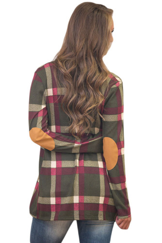 Olive Suede Elbow Patch Long Sleeve Plaid Cardigan