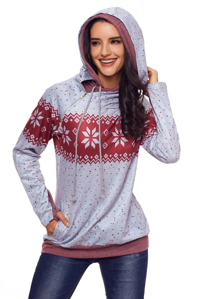 Gray Double Hood Snowfall Print Sweatshirt