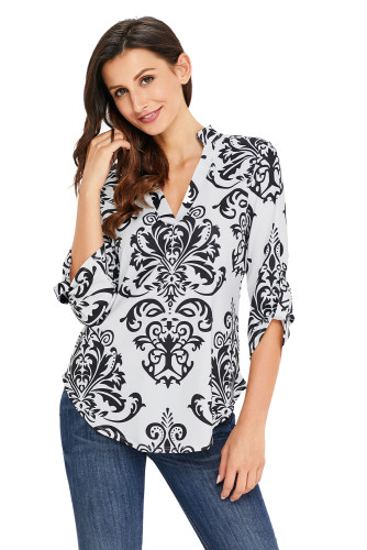 Black Damask Print Slight Collar V Neck Blouse