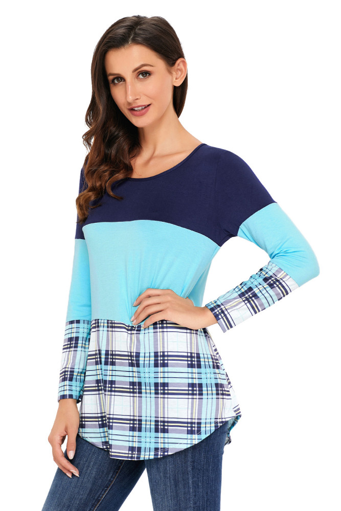 Black Mint Block Plaid Splice Long Sleeve Top