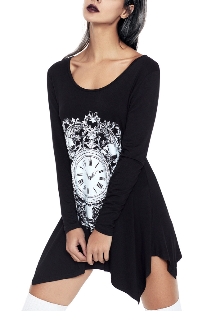 Black Handkerchief Hem Skull Timer Tunic Top