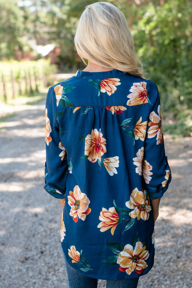 Slate Blue Floral Print High Low Chiffon Blouse