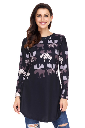Taro Cartoon Reindeer Print Black Christmas Blouse