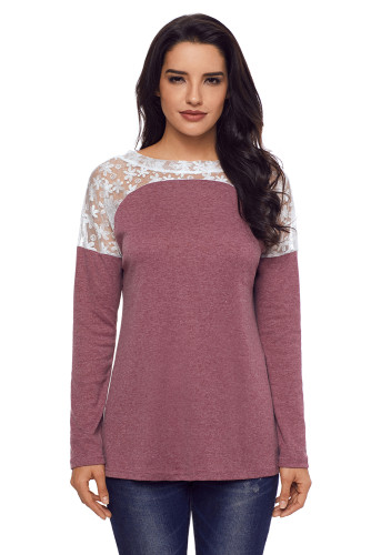 Split Effect Back Lace Insert Mauve Long Sleeve Top