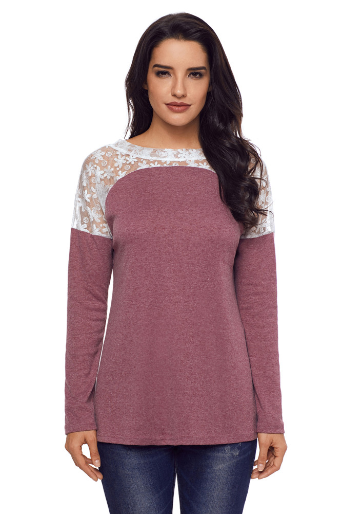Split Effect Back Lace Insert Mauve Long Sleeve Top