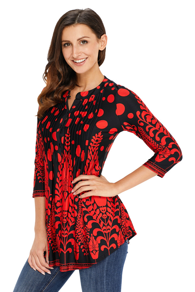 Red Floral Notch Neck Pin-tuck Tunic